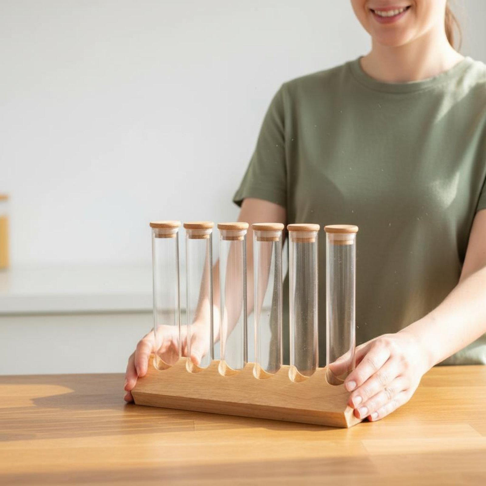 Glass Tube Container Set with  - đánh giá và giá Display Stand Wood