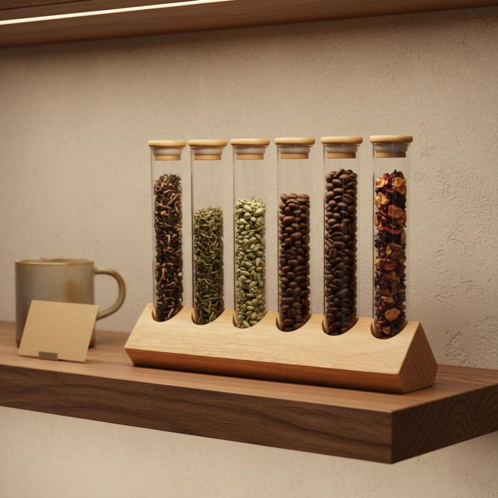Glass Tube Container Set with  - đánh giá và giá Display Stand Wood