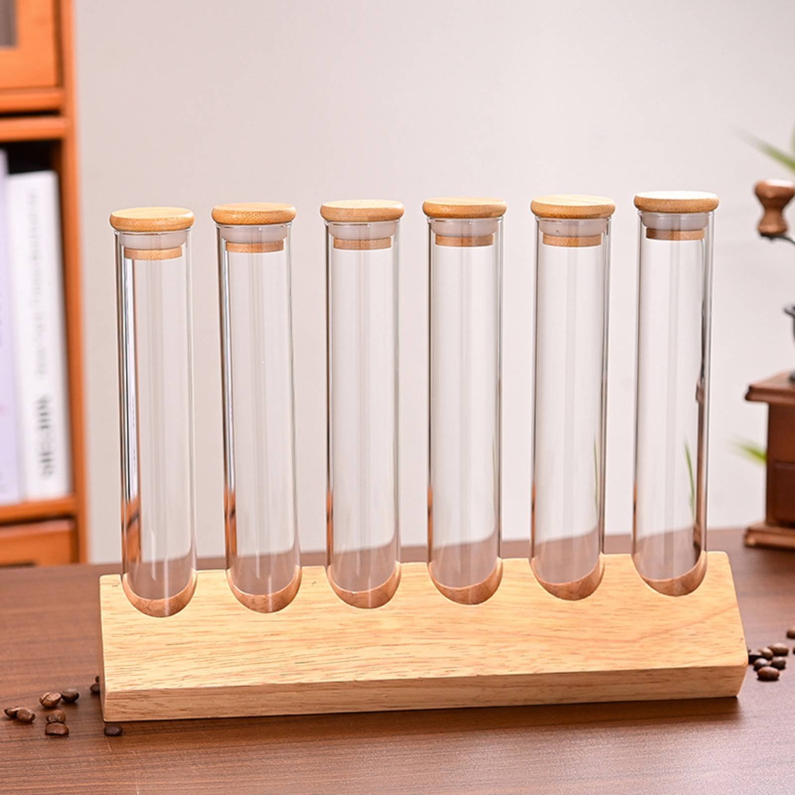 Glass Tube Container Set with  - đánh giá và giá Display Stand Wood